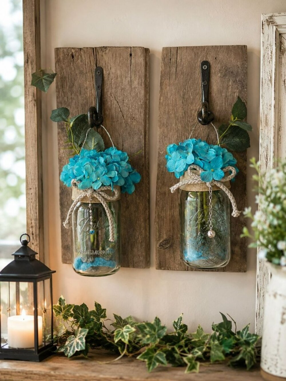Handmade Coastal Mason Jar Wall Sconces Set Teal Hydrangea Nautical Decor
